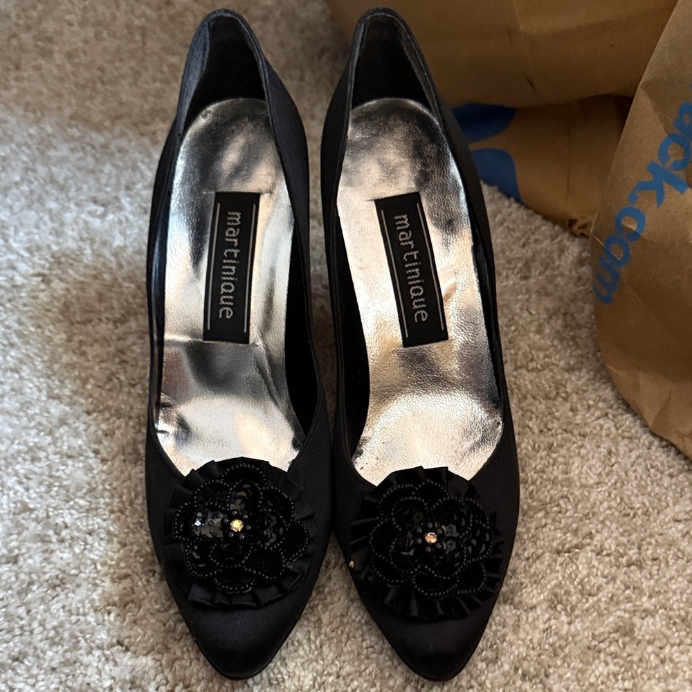 Martinaque Black Women's Heels with Floral Accent